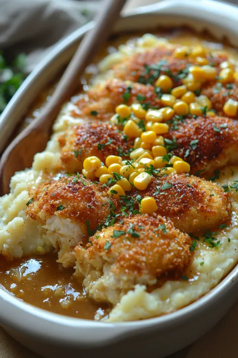 A bowl of food with corn and chicken.