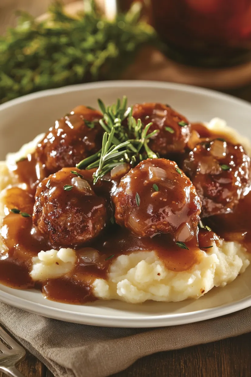 A plate of meatballs with gravy.