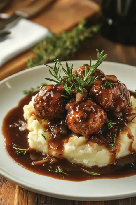 A plate of food with meatballs and gravy.