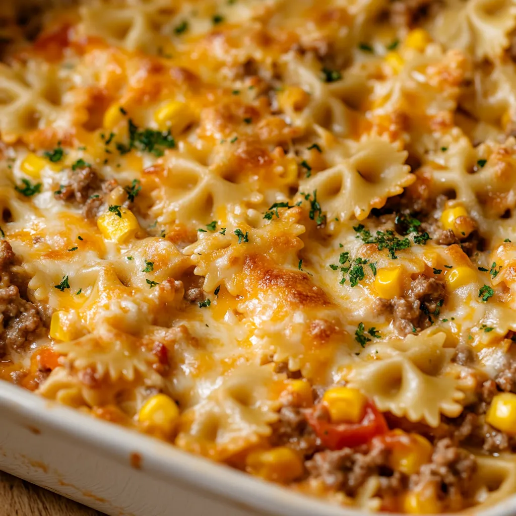 A dish of pasta with meat and vegetables.