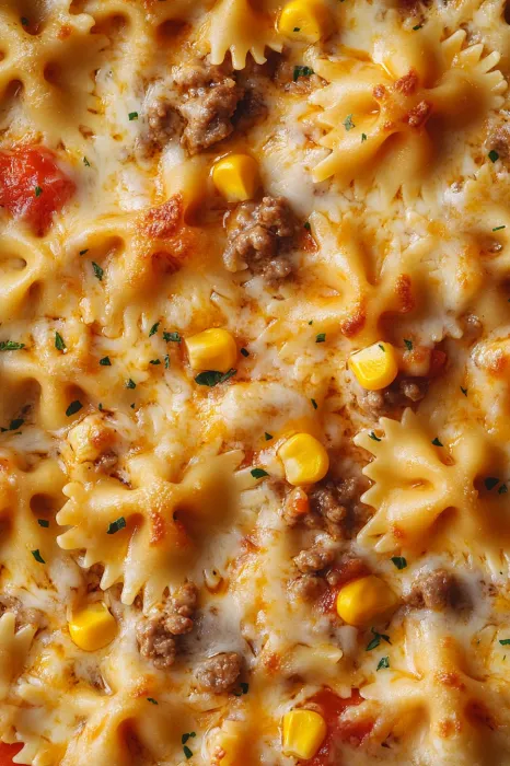 A close up of a pizza with meat and corn.