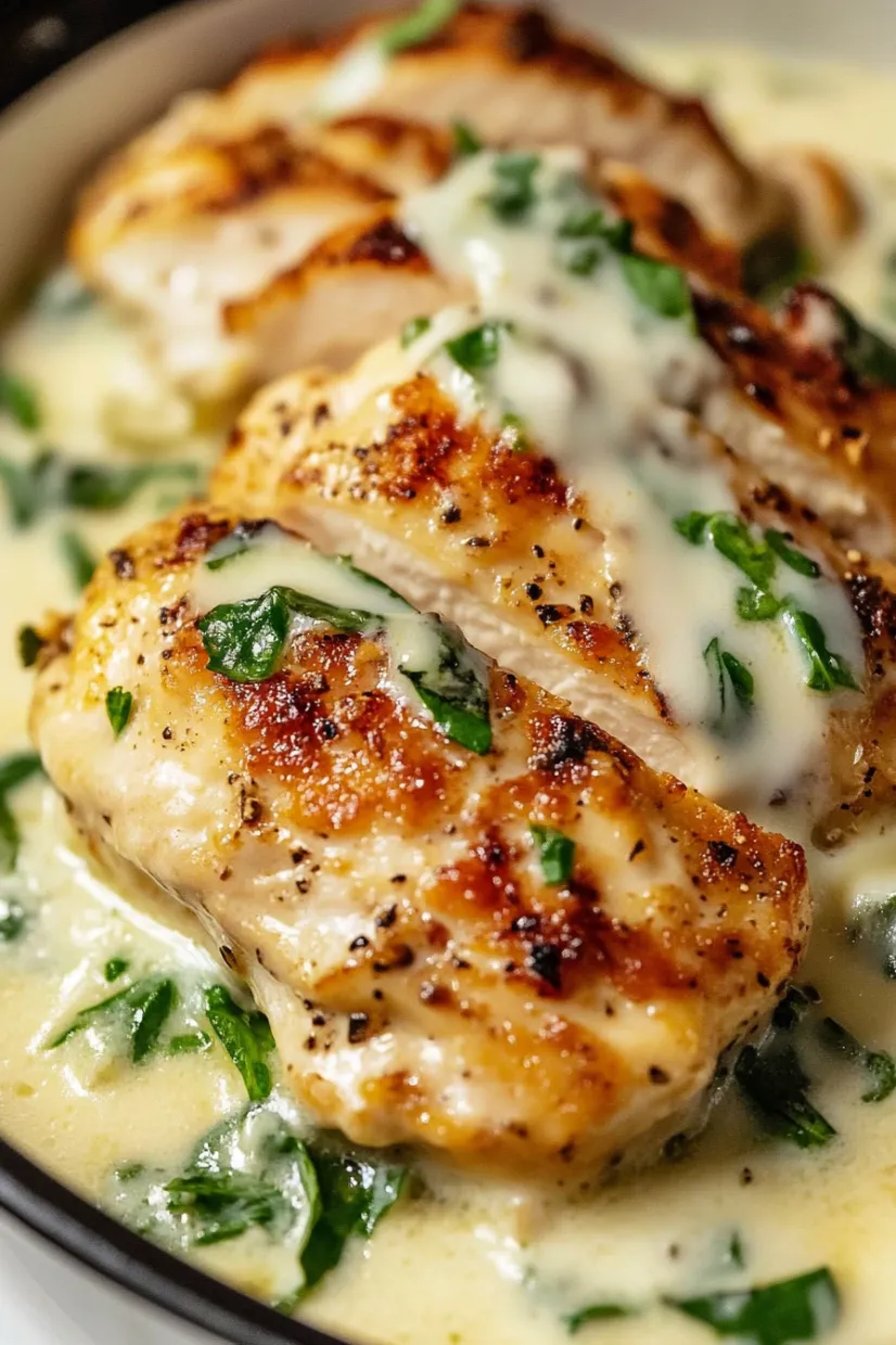Chicken with sauce and herbs.