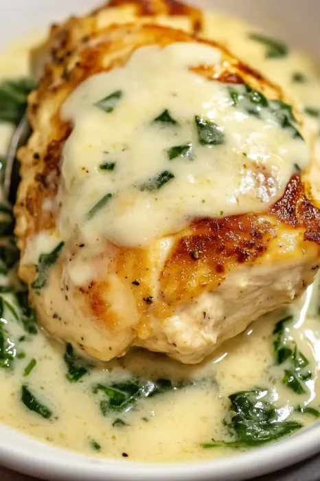 A piece of chicken covered in cheese and herbs.