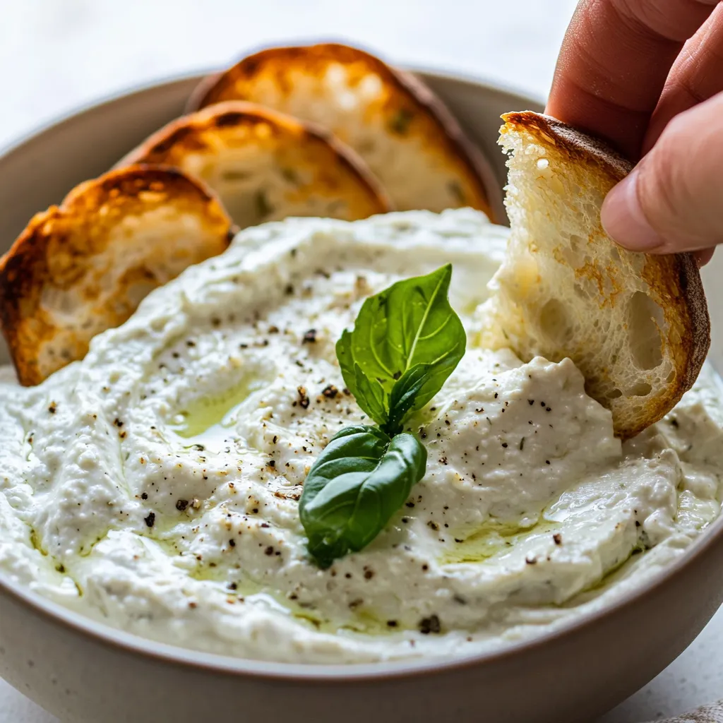 A hand is grabbing a piece of bread from a bowl of dip.