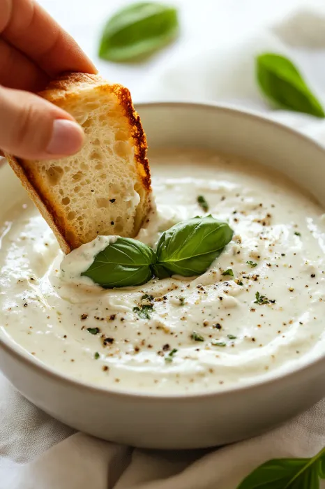 A hand is reaching for a piece of bread in a bowl of soup.