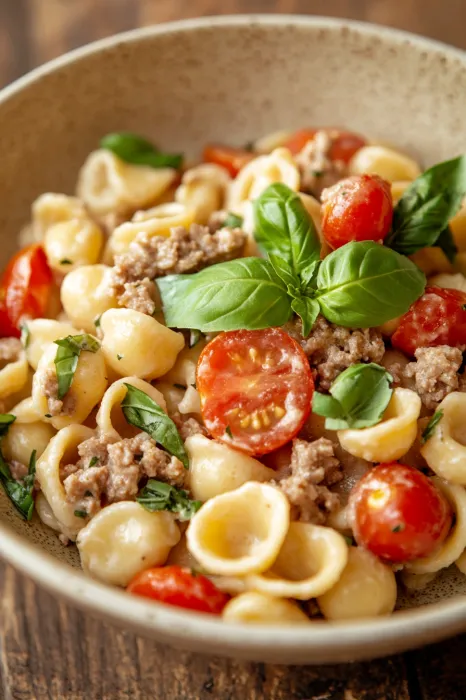 A bowl of pasta with tomatoes and basil.
