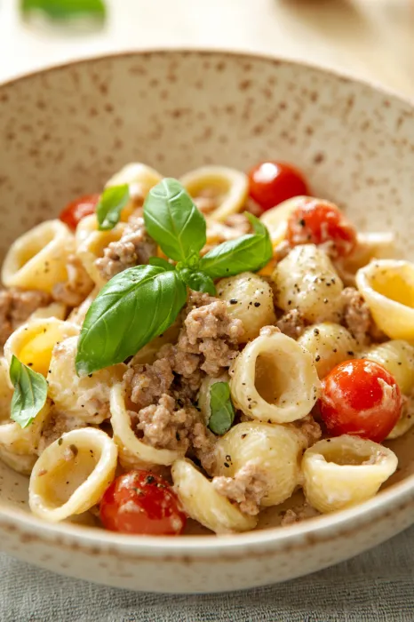 A bowl of pasta with tomatoes and basil.