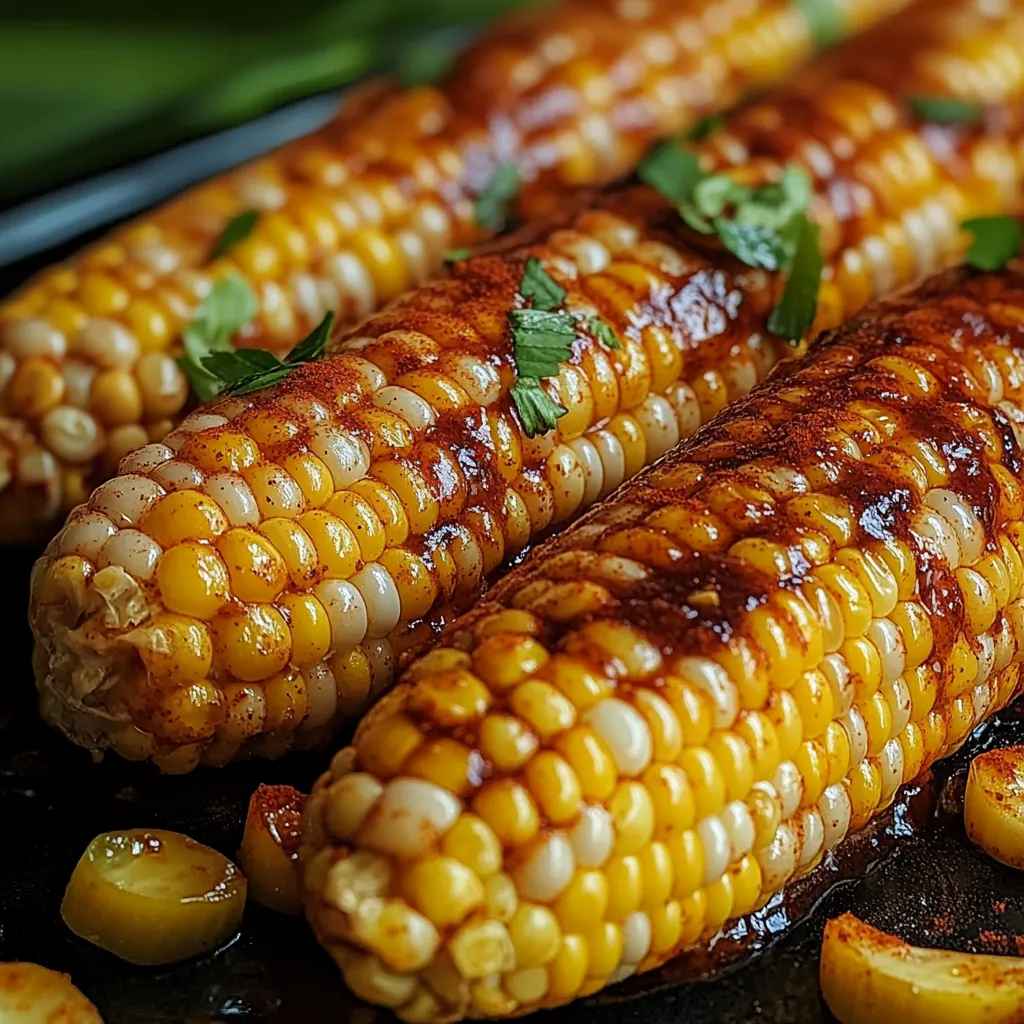 A close up of corn on the cob with a sprig of parsley.