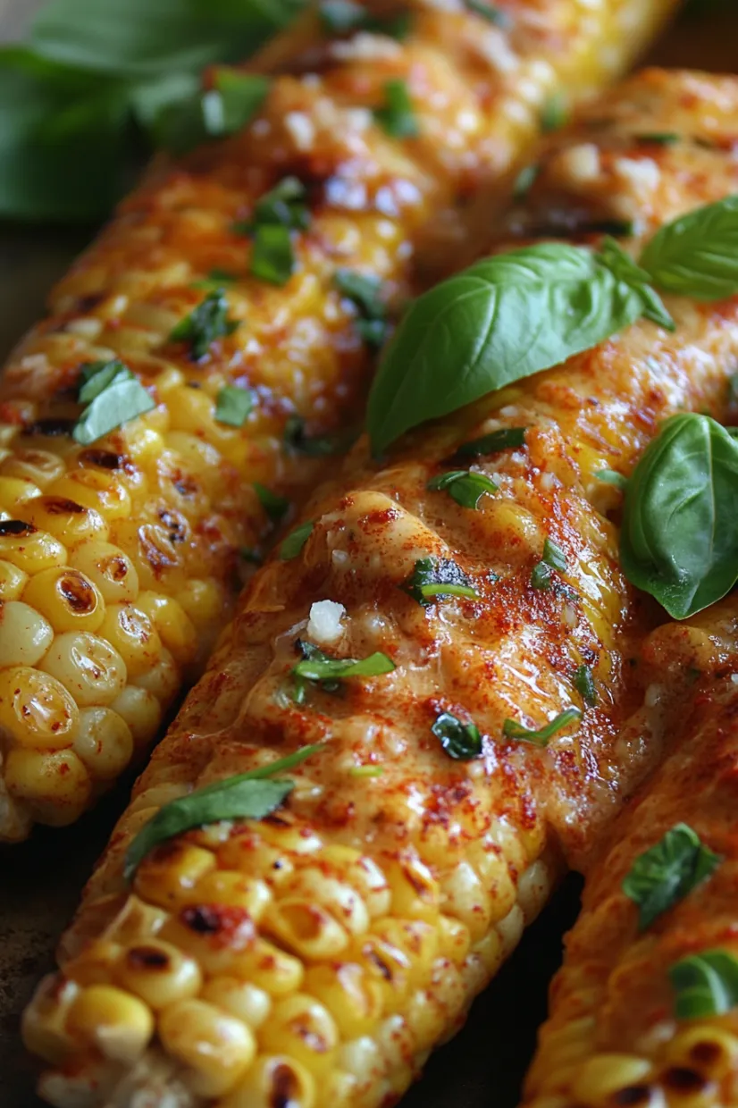 A close up of a corn on the cob with cheese and herbs.
