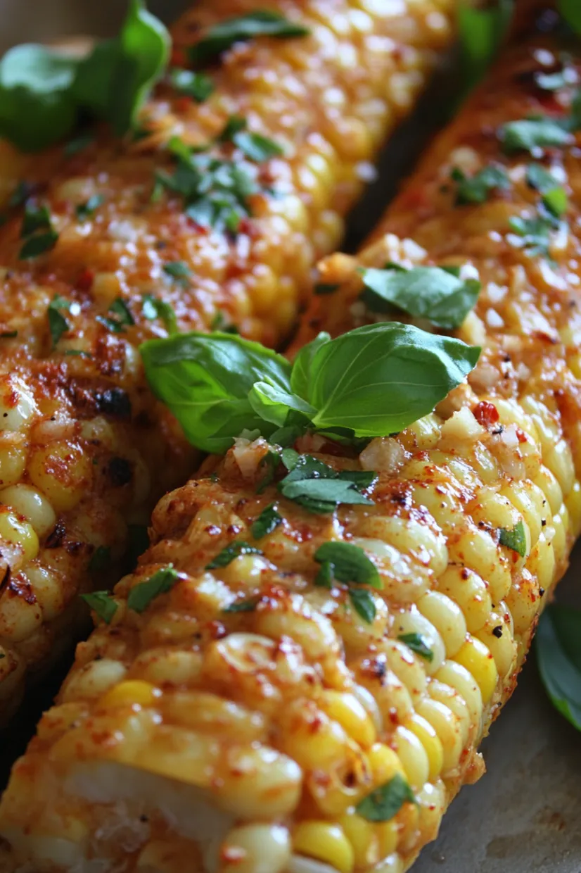 A close up of corn on the cob with a sprig of parsley on top.
