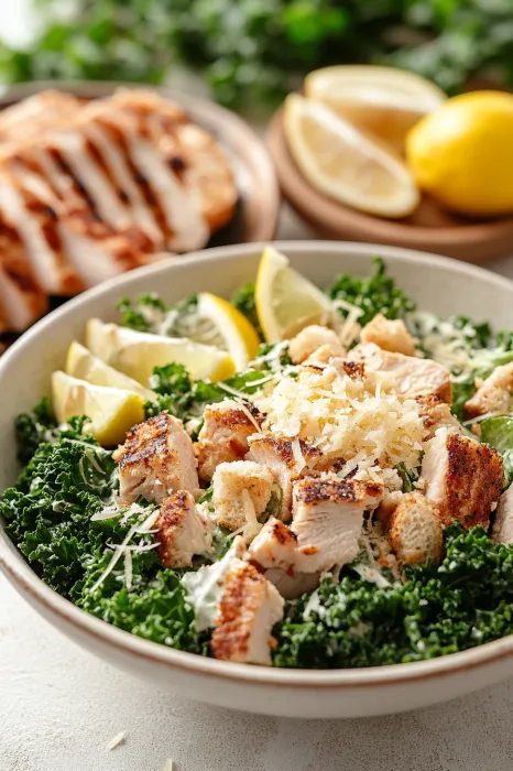 A bowl of food with chicken, lemon, and broccoli.