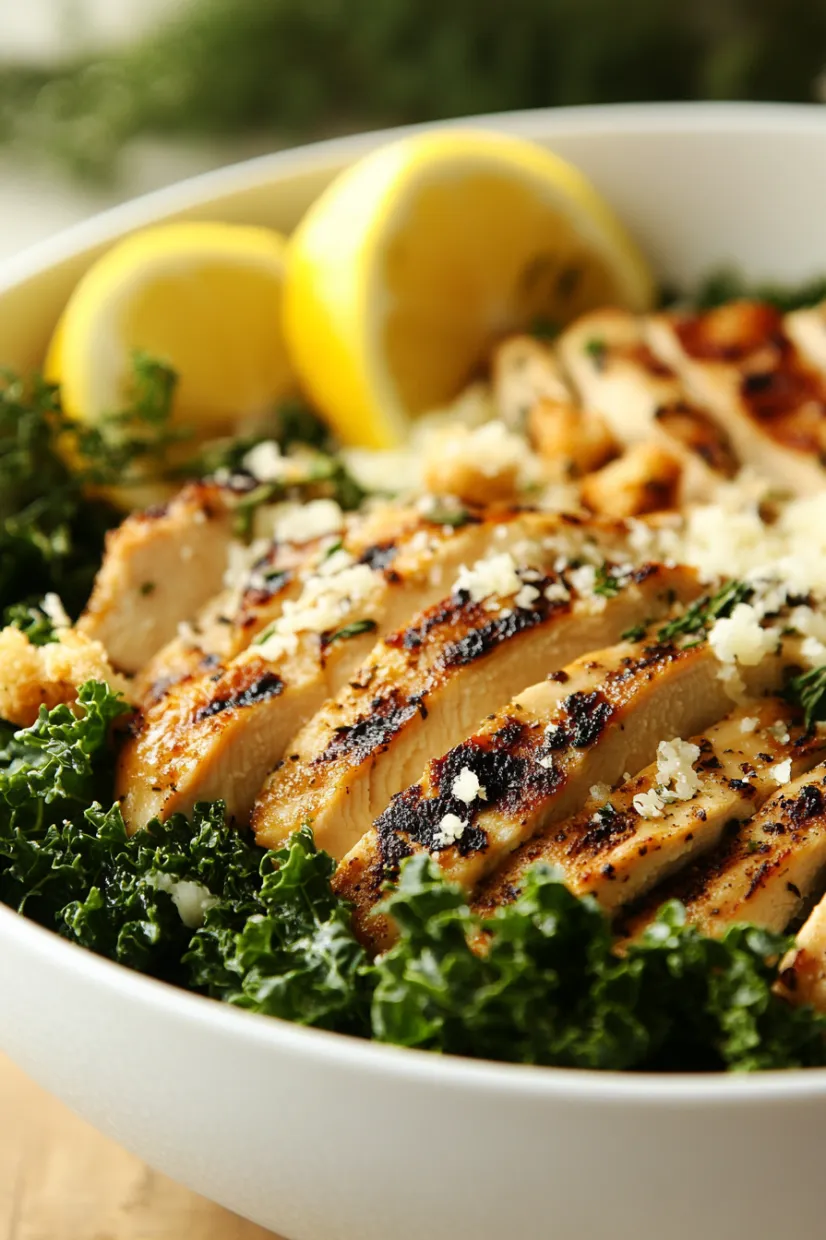 A bowl of food with chicken, lemon, and kale.