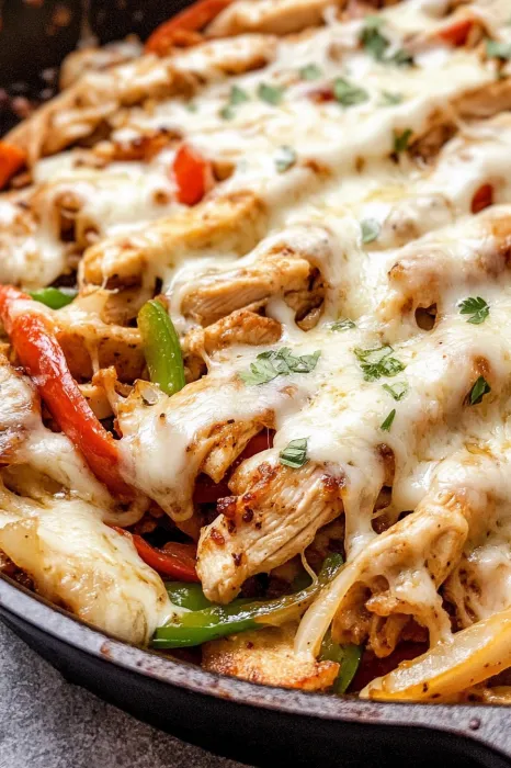 A dish of chicken with peppers and cheese.