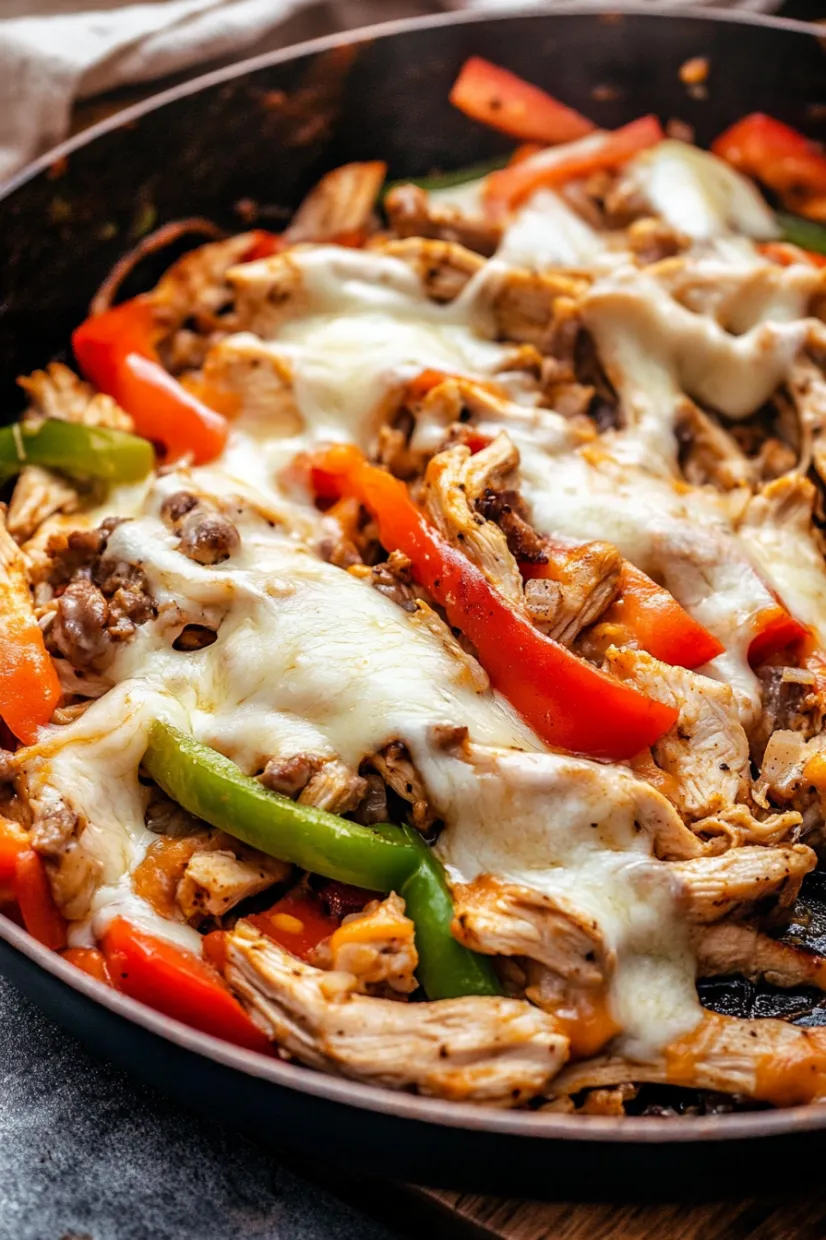 A plate of food with chicken, peppers, and cheese.