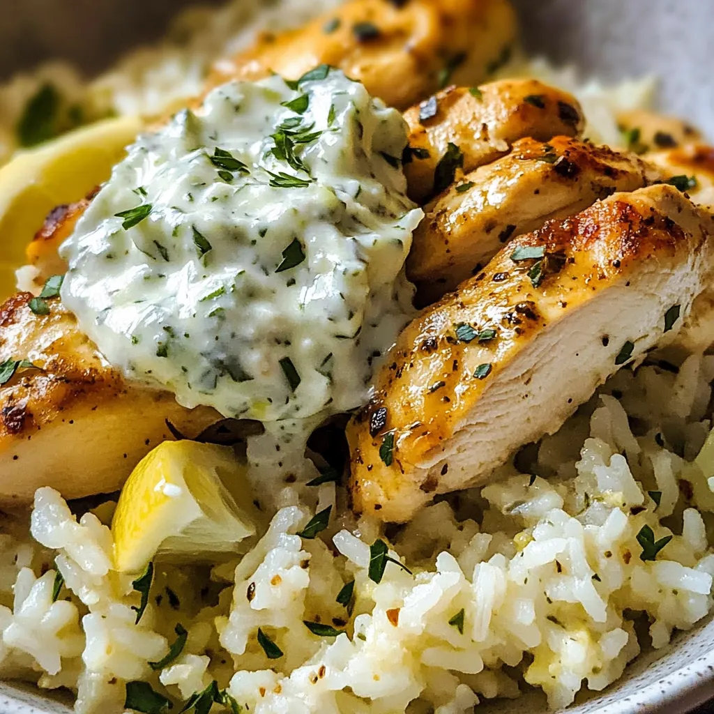 A bowl of rice with chicken and a white sauce.