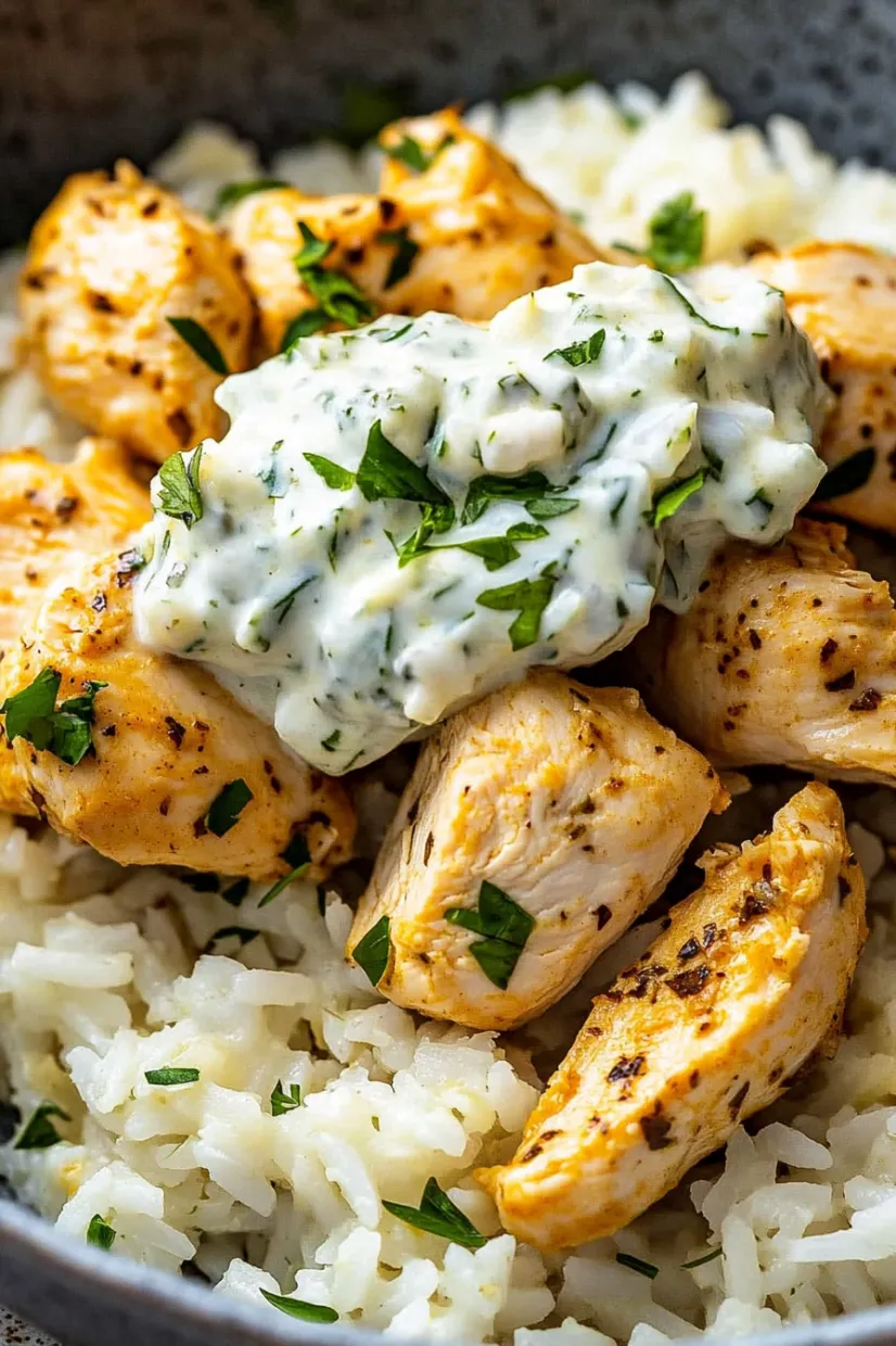 A plate of rice with chicken and a white sauce.