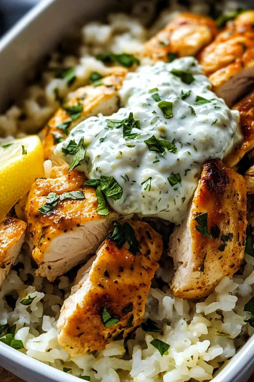 A plate of rice with chicken and a white sauce.