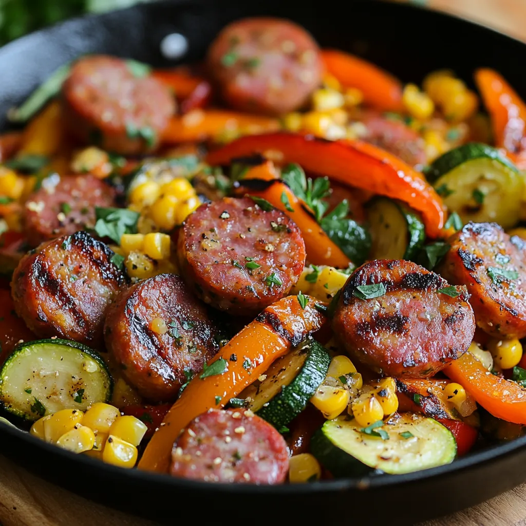 A pan of food with sausage, corn, and peppers.