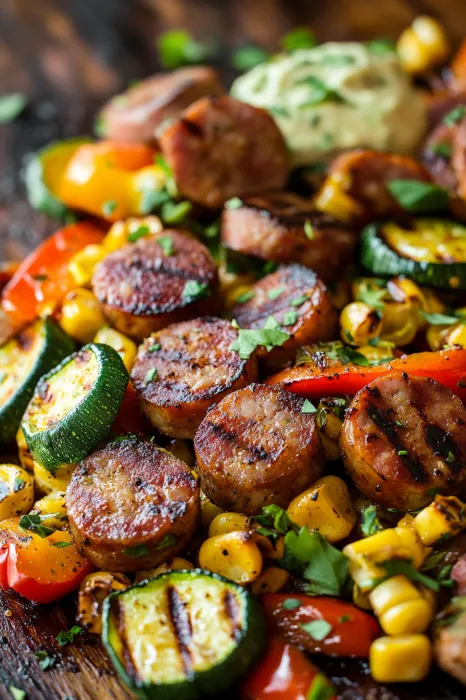 A plate of food with sausage, corn, and zucchini.