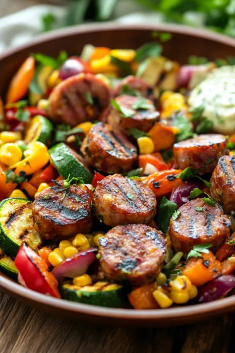 A bowl of food with sausage, corn, and zucchini.