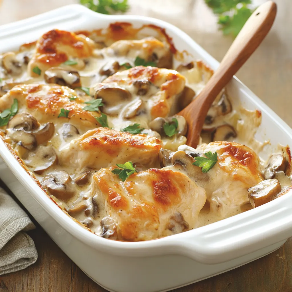 A white bowl filled with chicken and mushrooms.