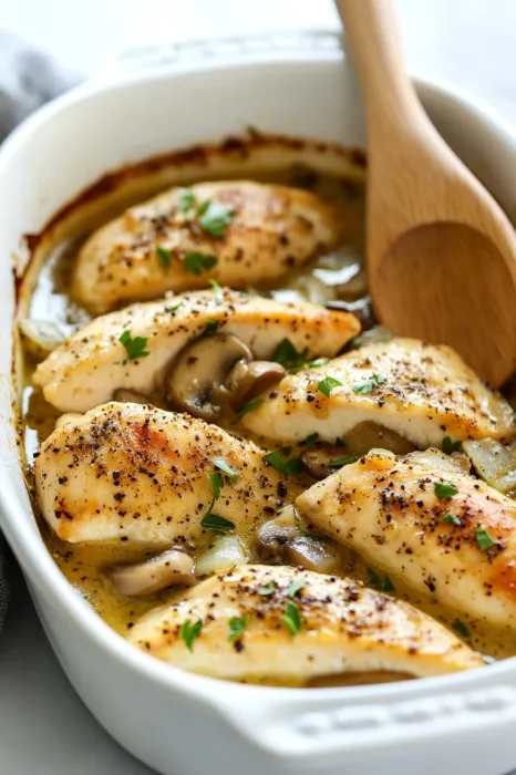 A bowl of chicken with mushrooms and herbs.