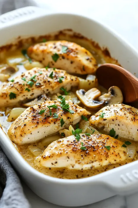 A white bowl filled with chicken and mushrooms.