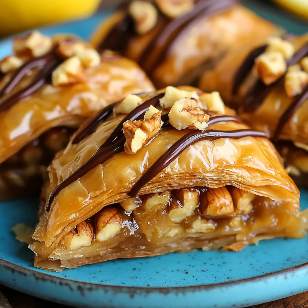 A plate of food with chocolate drizzled on top.
