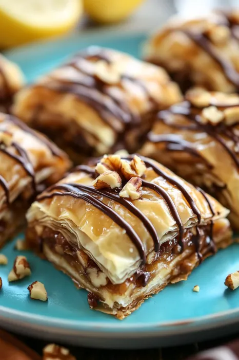 A plate of pastries with chocolate drizzle.