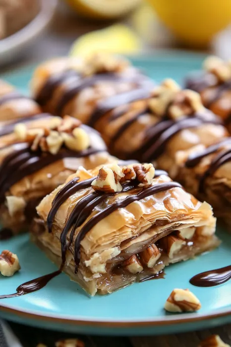 A plate of food with chocolate drizzled on top.