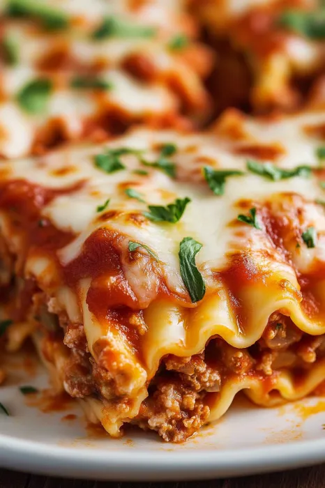A close up of a meat and cheese lasagna.
