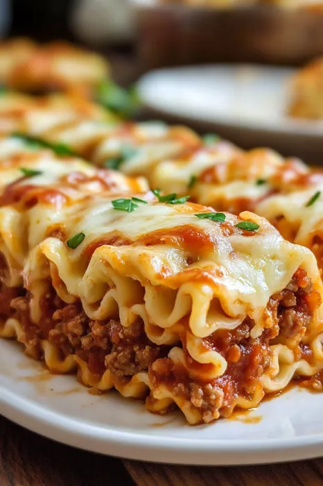 A plate of lasagna with cheese and meat.