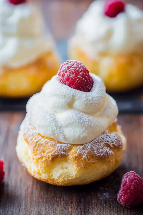 A pastry with white frosting and a red raspberry on top.