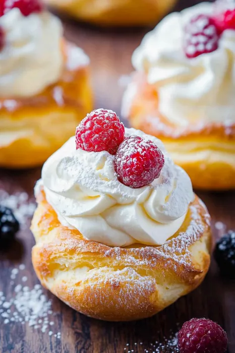 A pastry with white frosting and raspberries on top.
