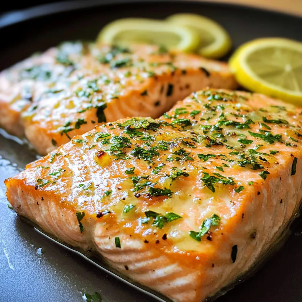Two pieces of salmon with lemon wedges on top.