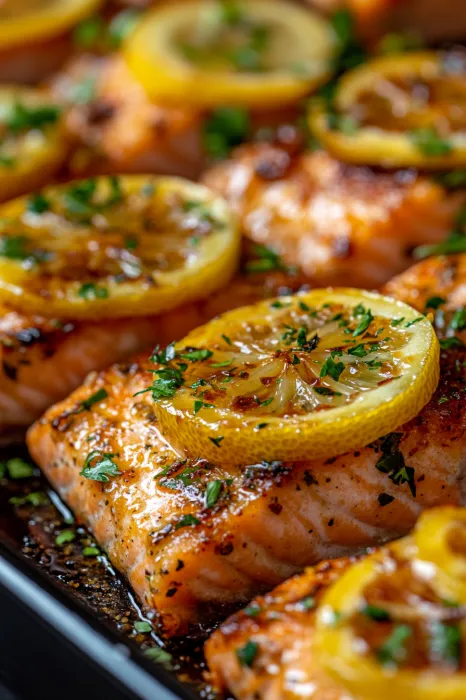 A plate of fish with lemon slices on top.