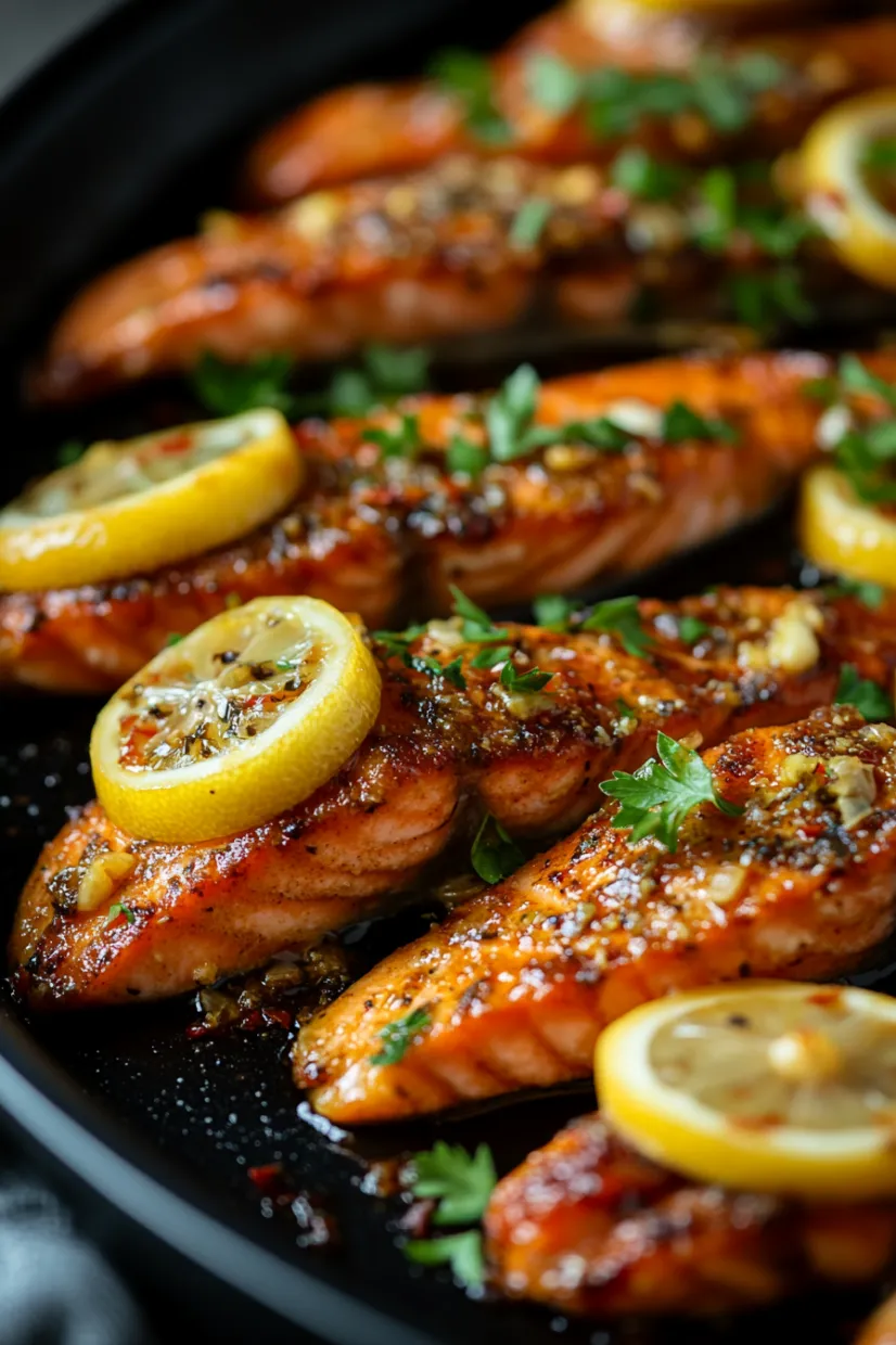 Sliced salmon with lemon and herbs.