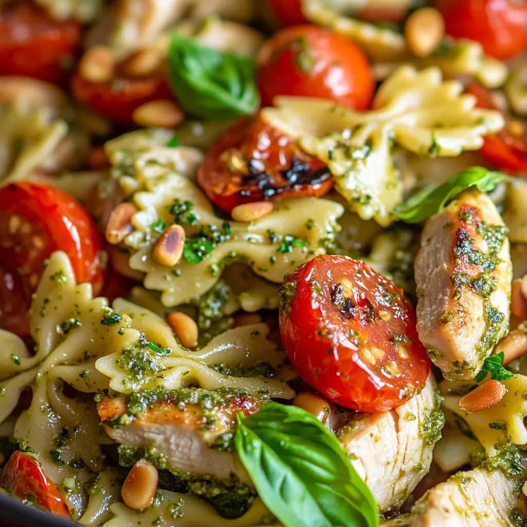 A plate of pasta with tomatoes and chicken.