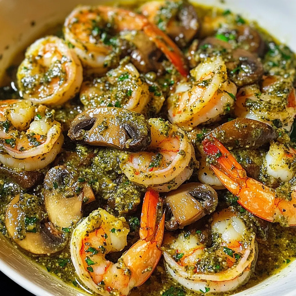 A bowl of shrimp and mushrooms.
