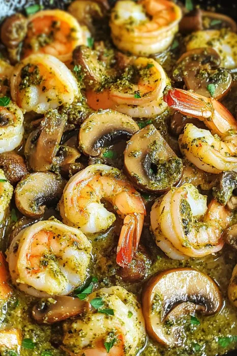 A close up of shrimp and mushrooms.