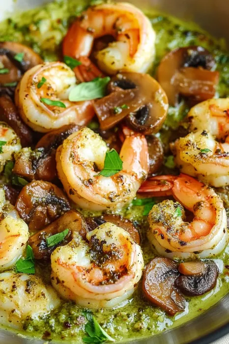 A plate of shrimp and mushrooms.
