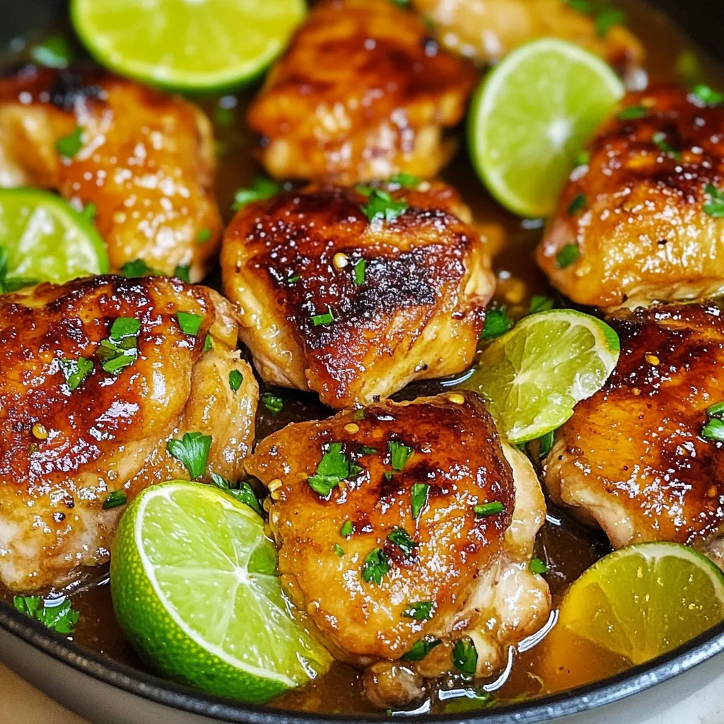 Chicken with lime wedges and green onions.