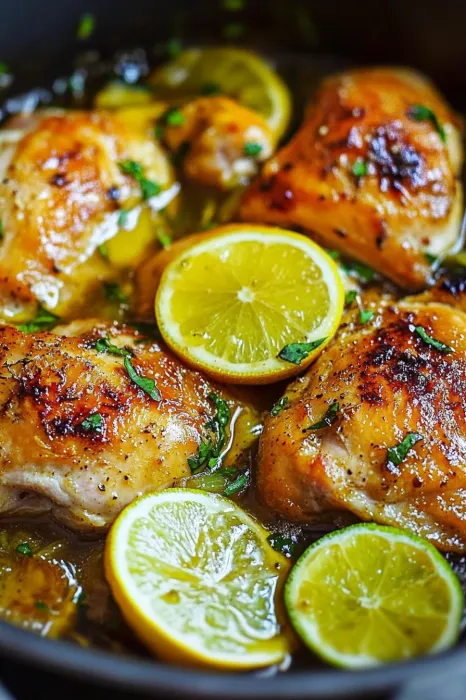 Chicken with lemon slices and herbs.
