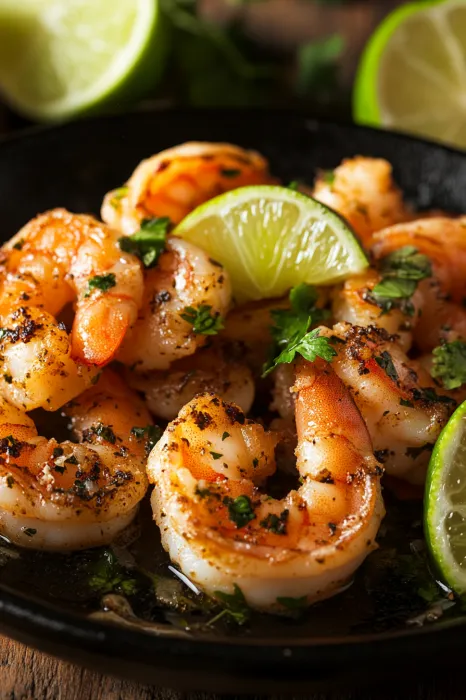 A plate of shrimp with limes and herbs.