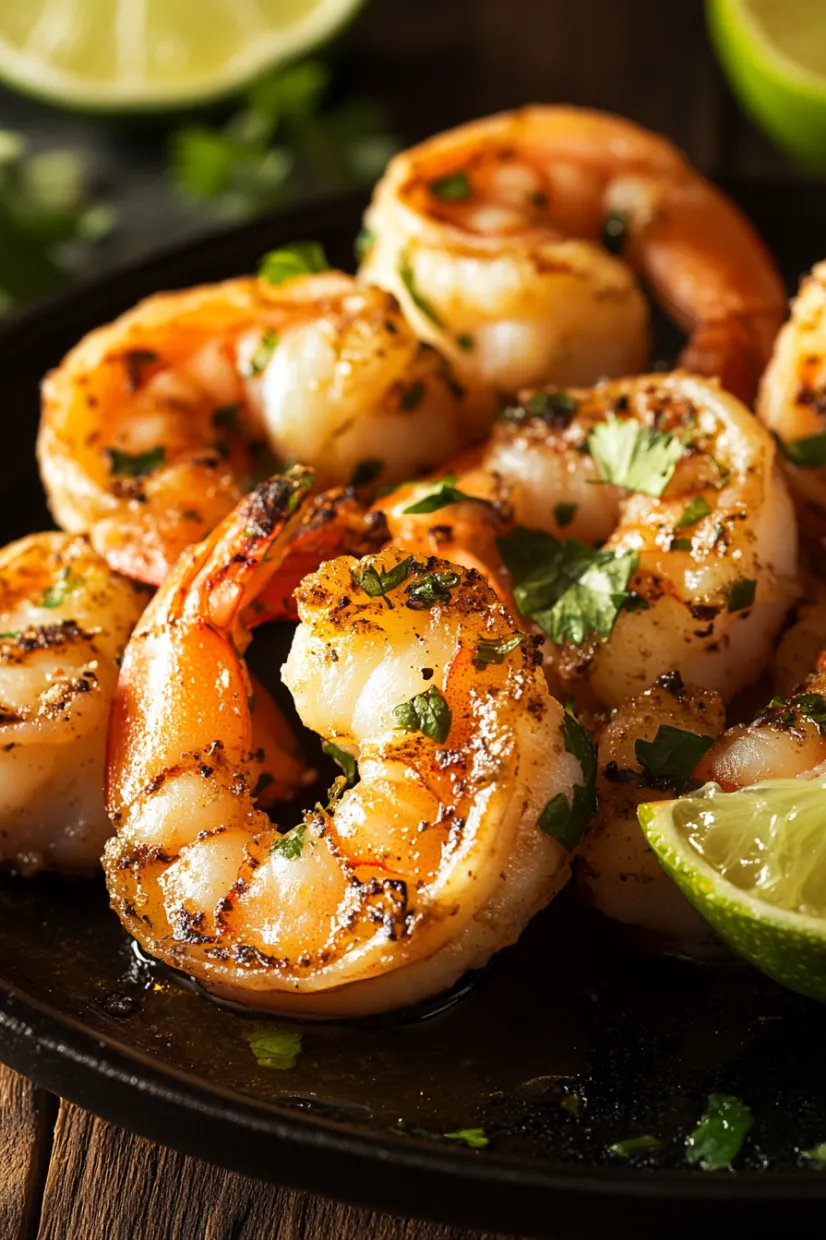 A plate of shrimp with a lemon wedge.