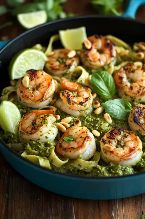 A plate of shrimp with a green sauce.