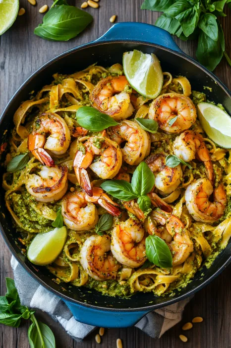 A bowl of shrimp and pasta.