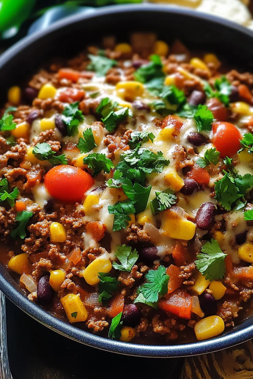 A bowl of chili with tomatoes, beans, corn, and cheese.