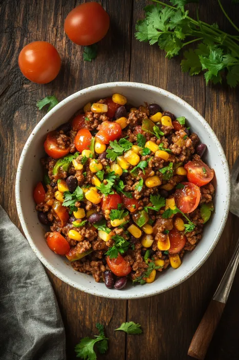 A bowl of food with tomatoes, corn, and beans.