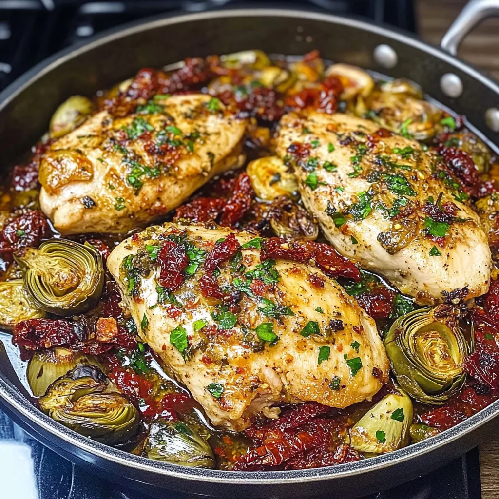 A pan of chicken with vegetables.